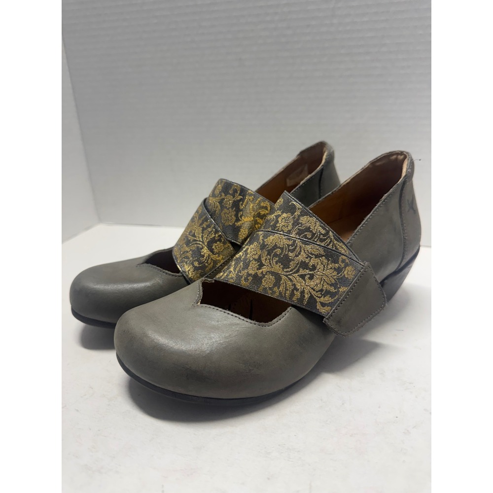 Portofino Grey Leather Gold Floral Brocade Strap Block Heel Shoe Spain 37 6.5
